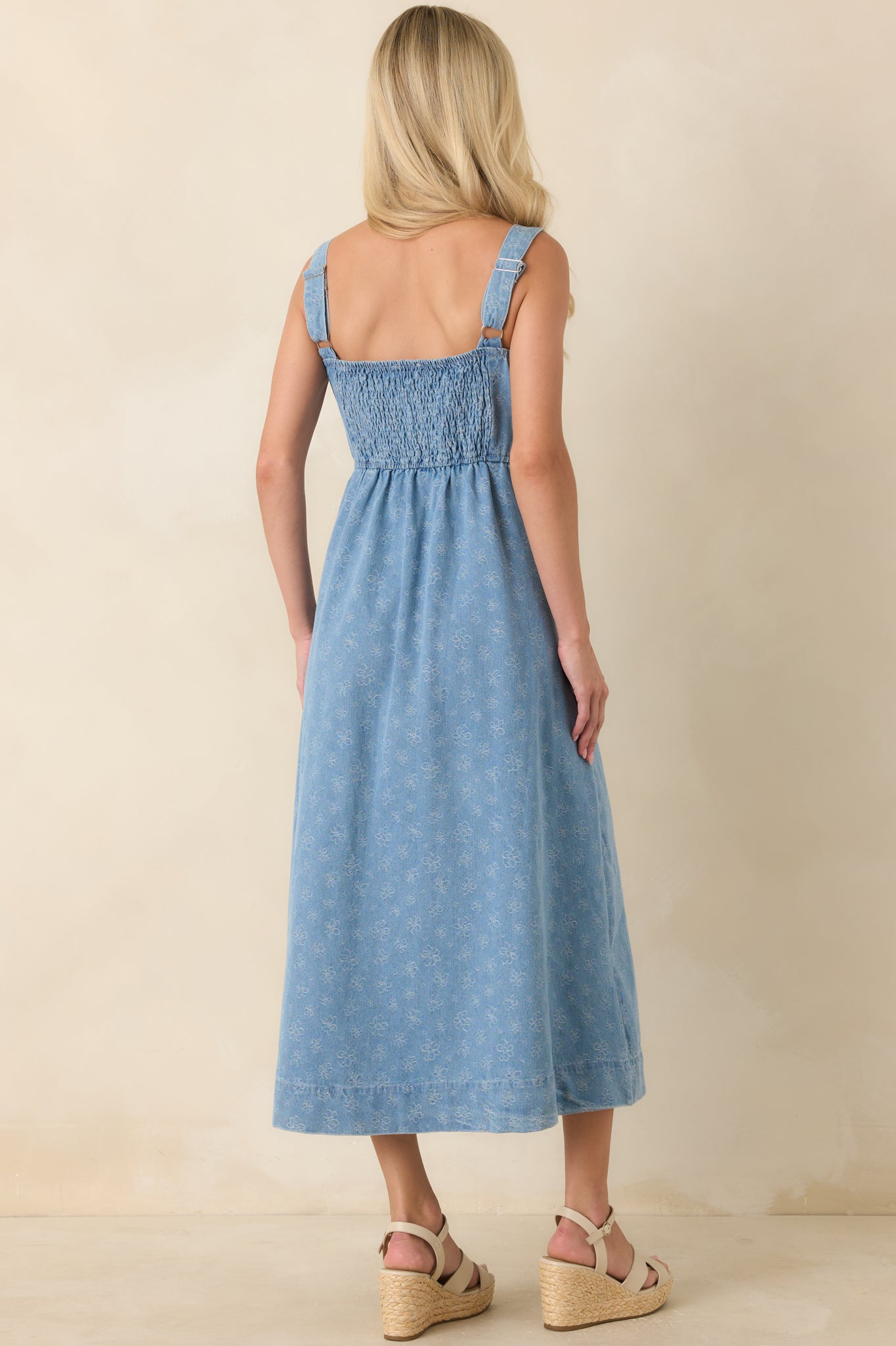 Dreaming in Blue Light Wash Denim Floral Midi Dress
