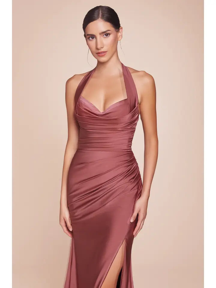 Ladivine Stretch Satin Halter Fitted Dress