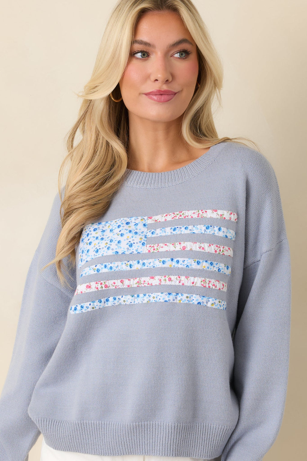 Stitched in Freedom Dusty Blue Floral Patchwork Flag Knit Sweater