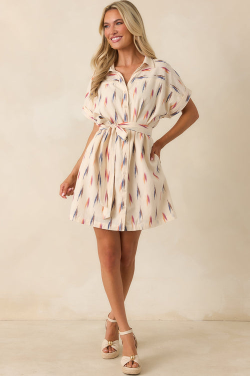 Sunset Sketches Ivory Multi Print Cotton Mini Shirt Dress