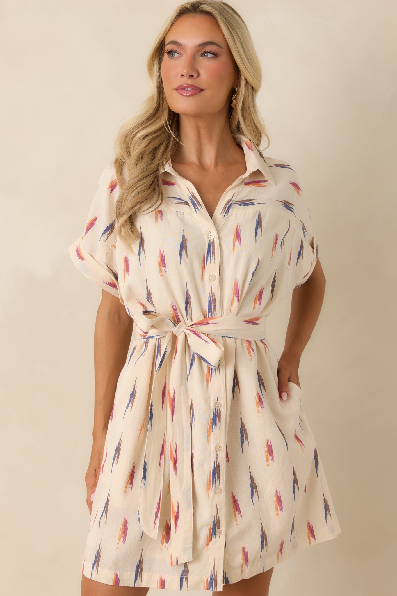 Sunset Sketches Ivory Multi Print Cotton Mini Shirt Dress