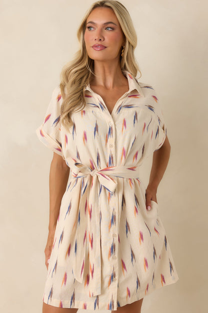 Sunset Sketches Ivory Multi Print Cotton Mini Shirt Dress