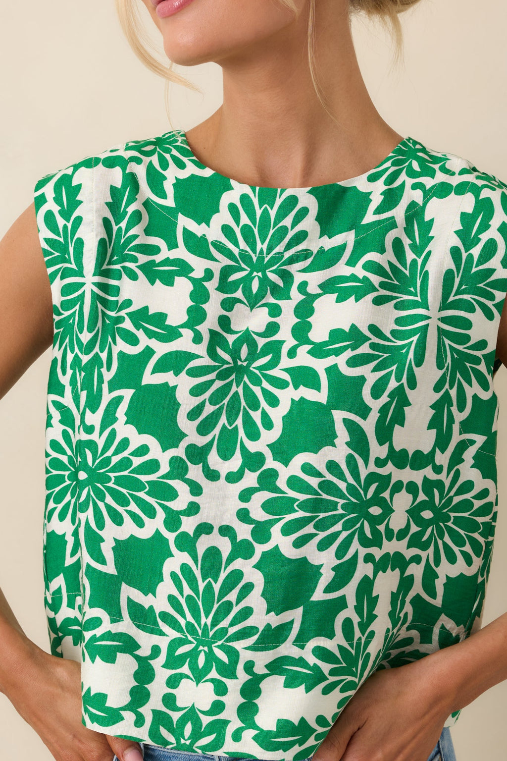 Dinner On The Terrace Green Sicilian Tile Print Sleeveless Top