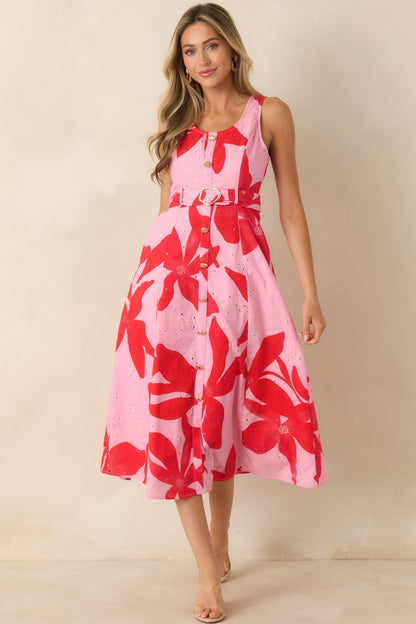 The Poetry of You Pink & Red Floral Embroidered Eyelet Cotton Midi Dress