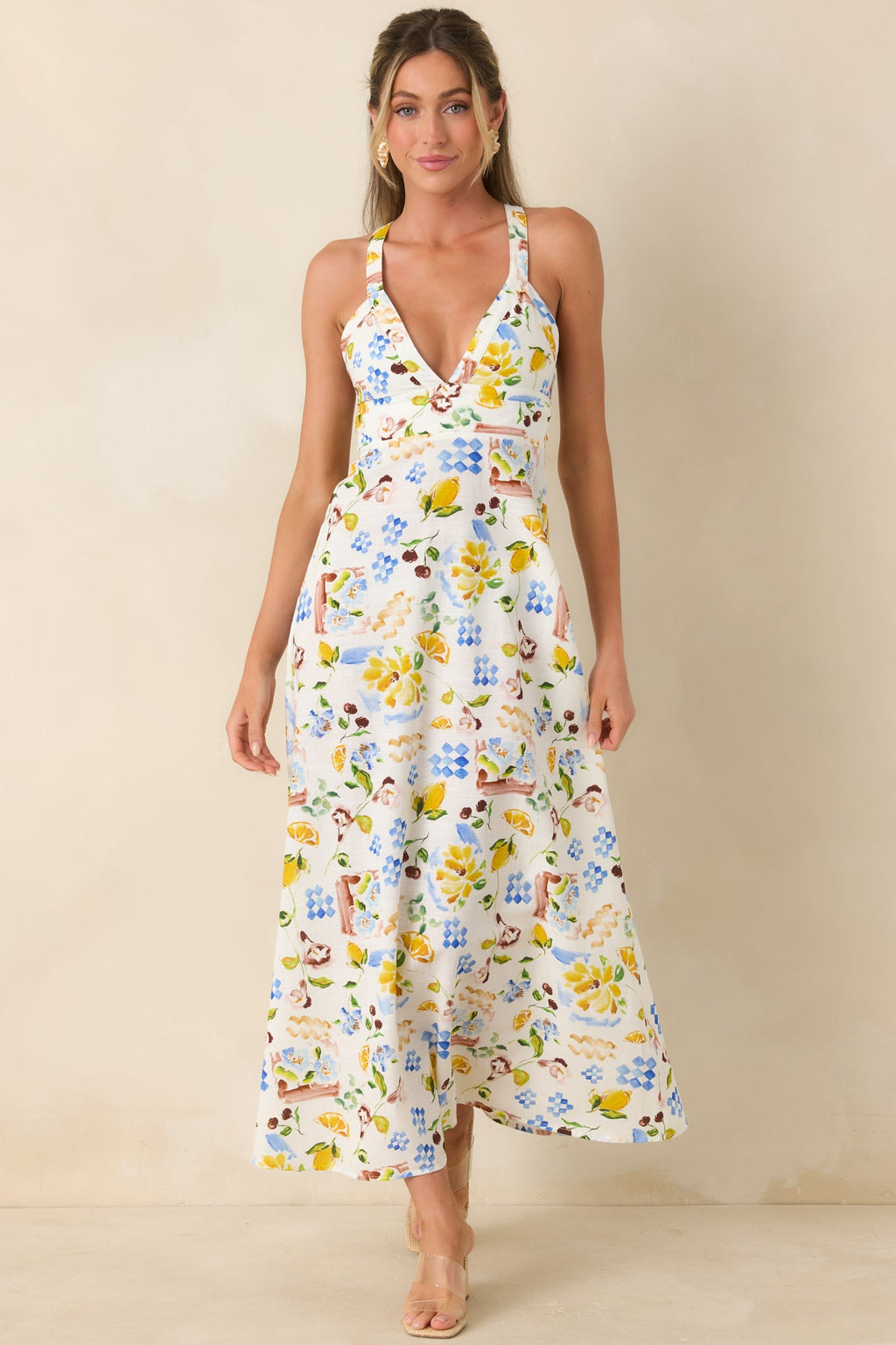 MINKPINK Riviera White Multi Mediterranean Print Cross Back Midi Dress