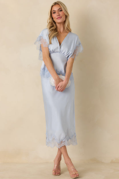 A Serendipitous Moment Powder Blue Lace Trim V-Neck Blouse