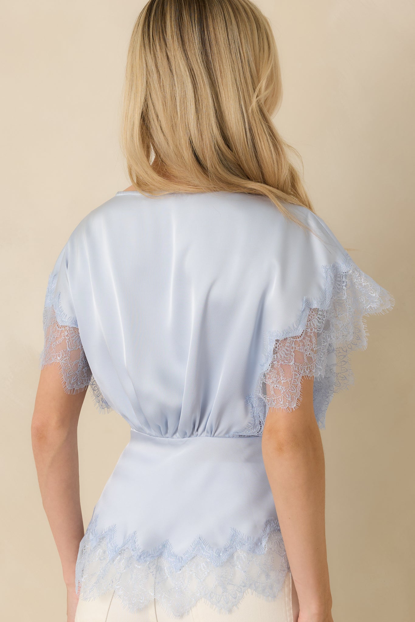 A Serendipitous Moment Powder Blue Lace Trim V-Neck Blouse