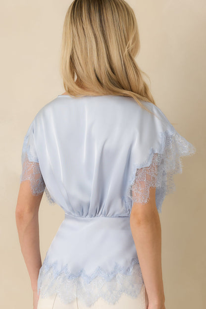 A Serendipitous Moment Powder Blue Lace Trim V-Neck Blouse