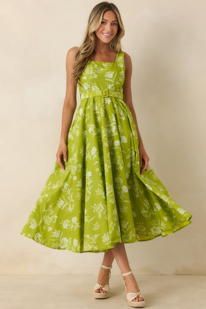 Fresh Air & Flowers Chartreuse Floral Cotton Midi Dress