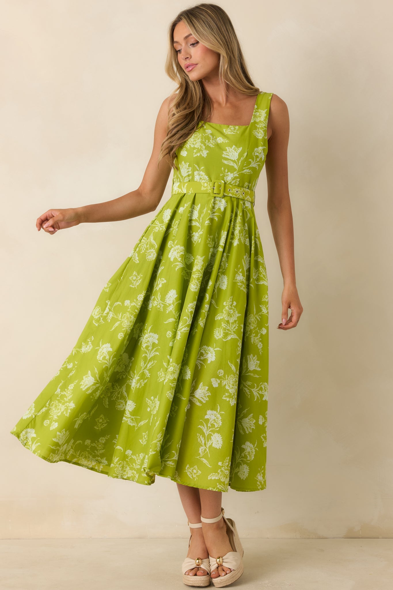 Fresh Air & Flowers Chartreuse Floral Cotton Midi Dress