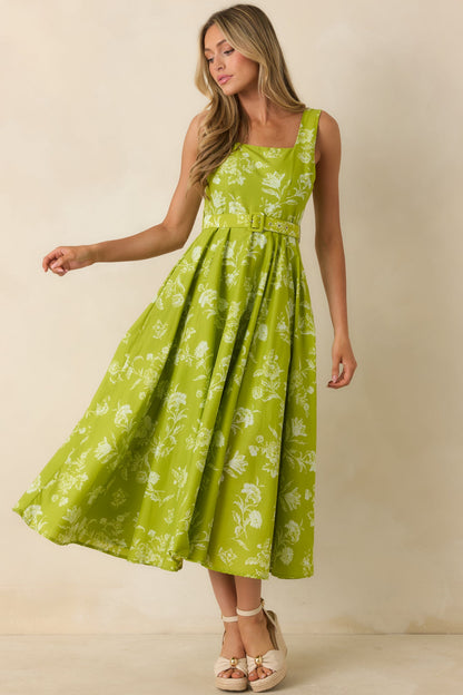 Fresh Air & Flowers Chartreuse Floral Cotton Midi Dress