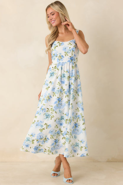 Timelessly True Blue & White Floral Eyelet Cotton Midi Dress