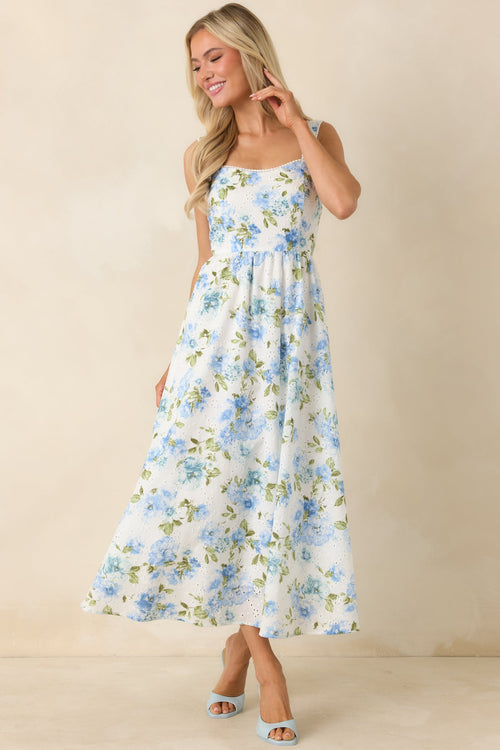 Timelessly True Blue & White Floral Eyelet Cotton Midi Dress