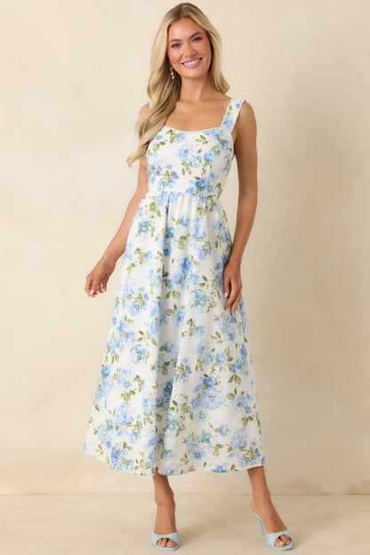 Timelessly True Blue & White Floral Eyelet Cotton Midi Dress