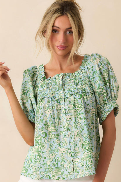 Paradisa Clearwater Seaglass Green Cotton Puff Sleeve Blouse