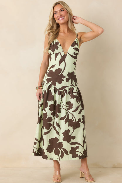 MINKPINK Esme Mint & Chocolate Floral Cotton Strappy Midi Dress