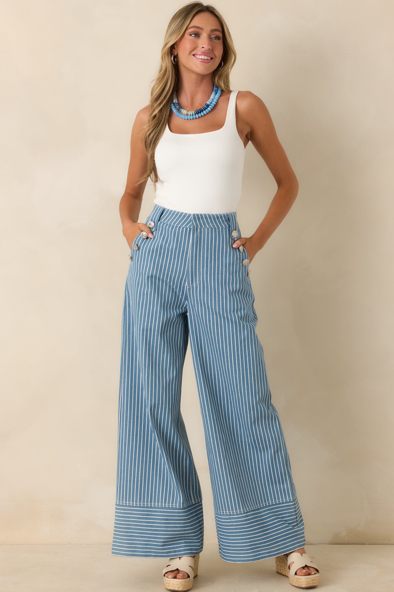 Hey, Sailor Blue Stripe Cotton Button Detail Wide Leg Pants