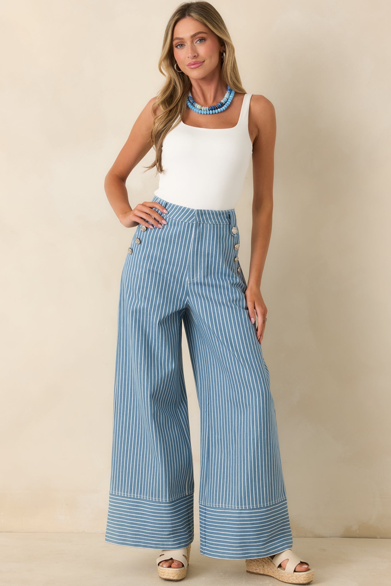 Hey, Sailor Blue Stripe Cotton Button Detail Wide Leg Pants