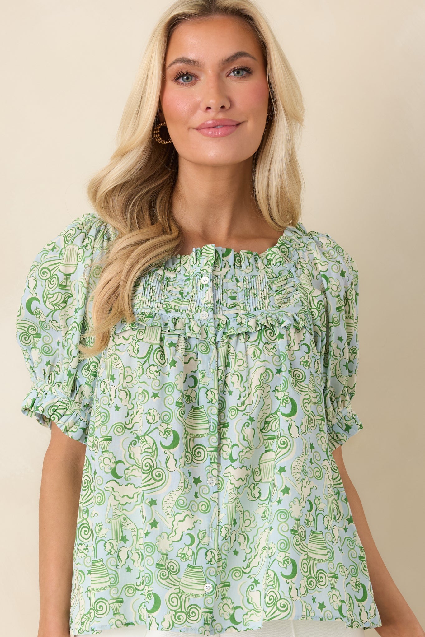 Paradisa Clearwater Seaglass Green Cotton Puff Sleeve Blouse