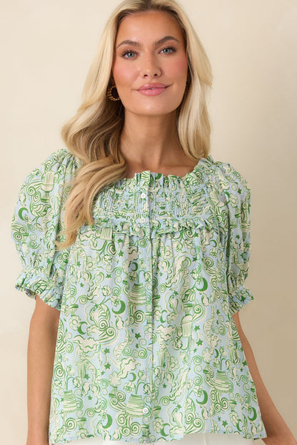 Paradisa Clearwater Seaglass Green Cotton Puff Sleeve Blouse