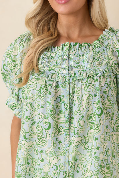Paradisa Clearwater Seaglass Green Cotton Puff Sleeve Blouse
