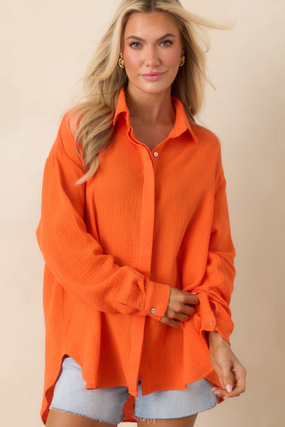 Paradisa Naples Orange Cotton Button-Up Top