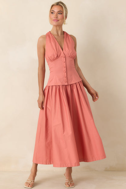 In the Warm Breeze Coral Orange Cotton Structured Bodice Sleeveless Midi Dress