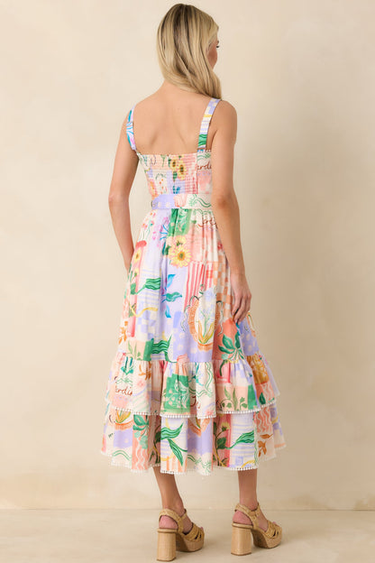 Prosperina Cassandra Peach Multi Floral Cotton Midi Dress