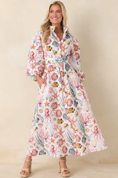 Paradisa Anna Maria Multi Linen Coastal Print Maxi Dress