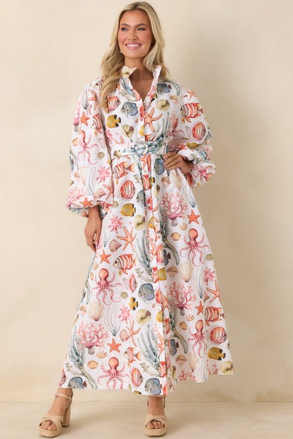 Paradisa Anna Maria Multi Linen Coastal Print Maxi Dress