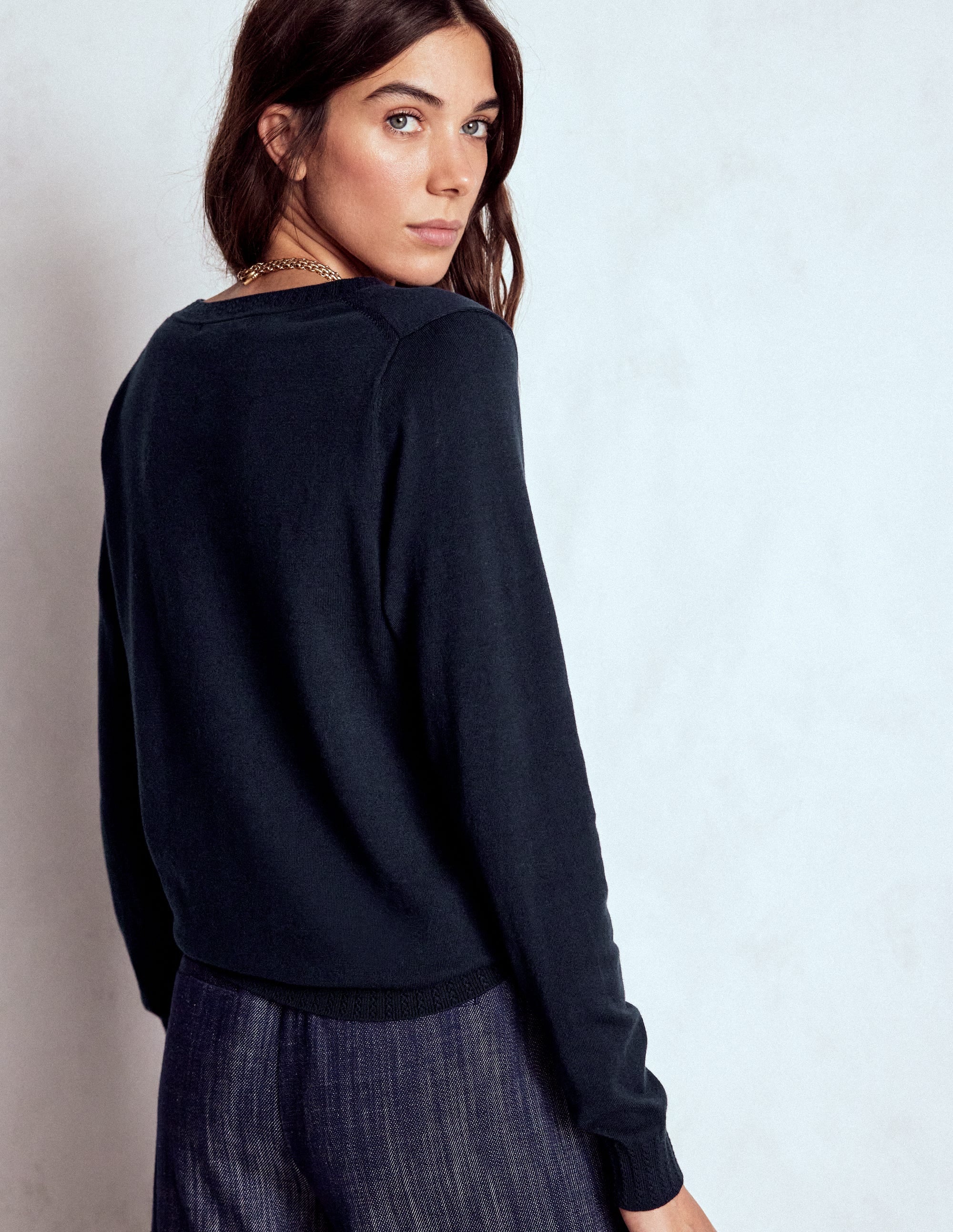 Emilia Cotton V Neck Sweater-Navy