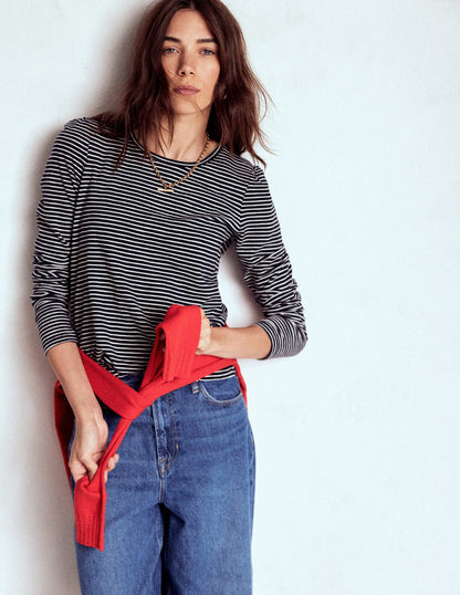 Cotton Crew Long Sleeve Top-Navy, Ivory Stripe