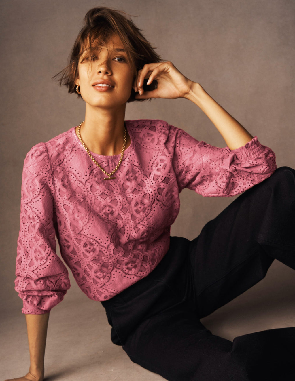 Lace Crew Neck Top-Heather Rose