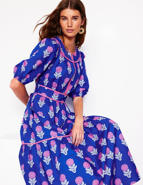 Rhea Embroidered Midi Dress-Gallery Blue, Dahlia Sprig