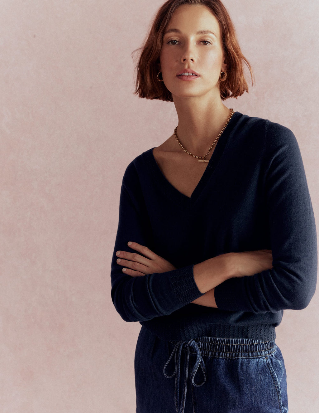 Emilia Cotton V Neck Sweater-Navy