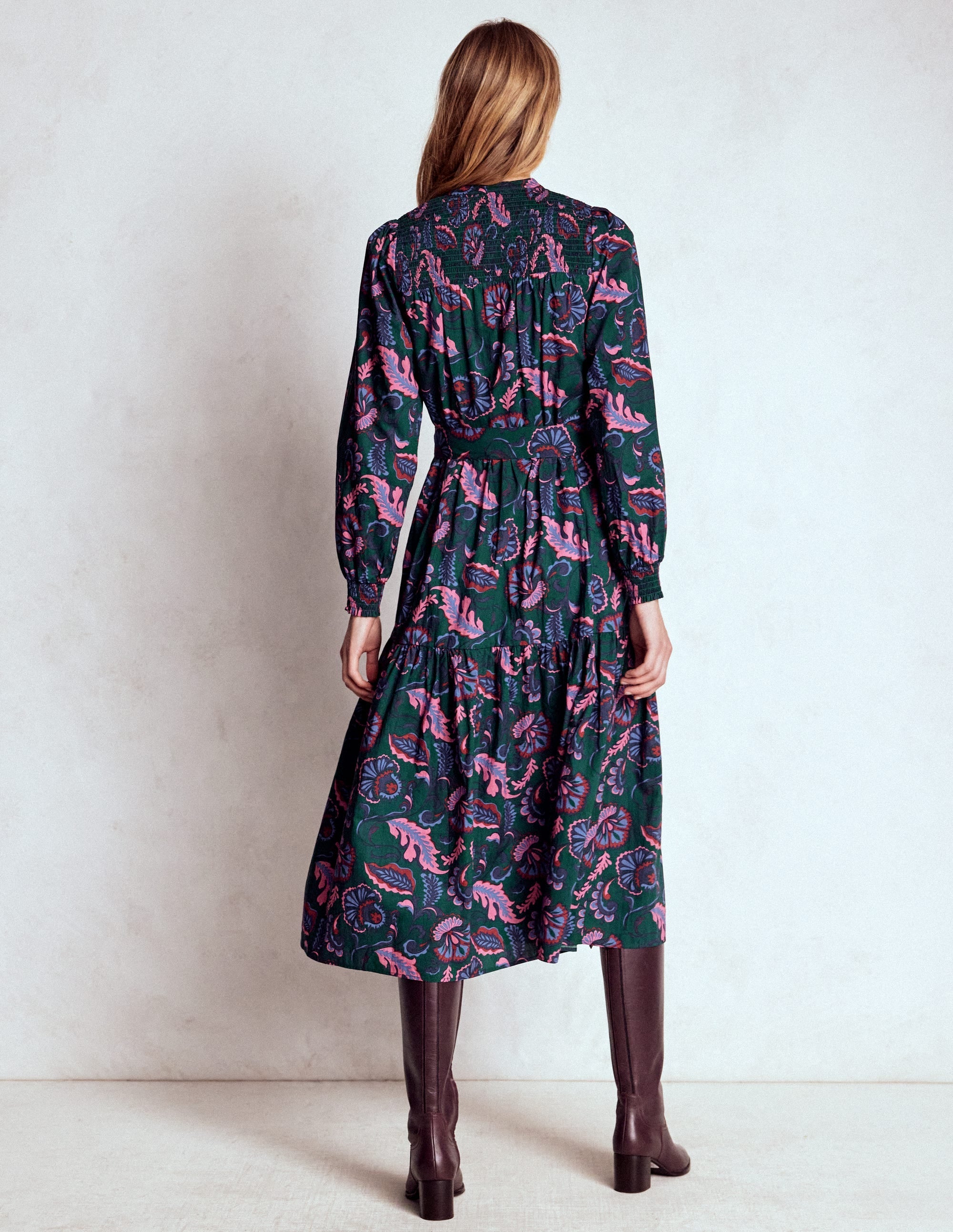 Cecily Cotton Midi Dress-Emerald Night, Ornate Meadow