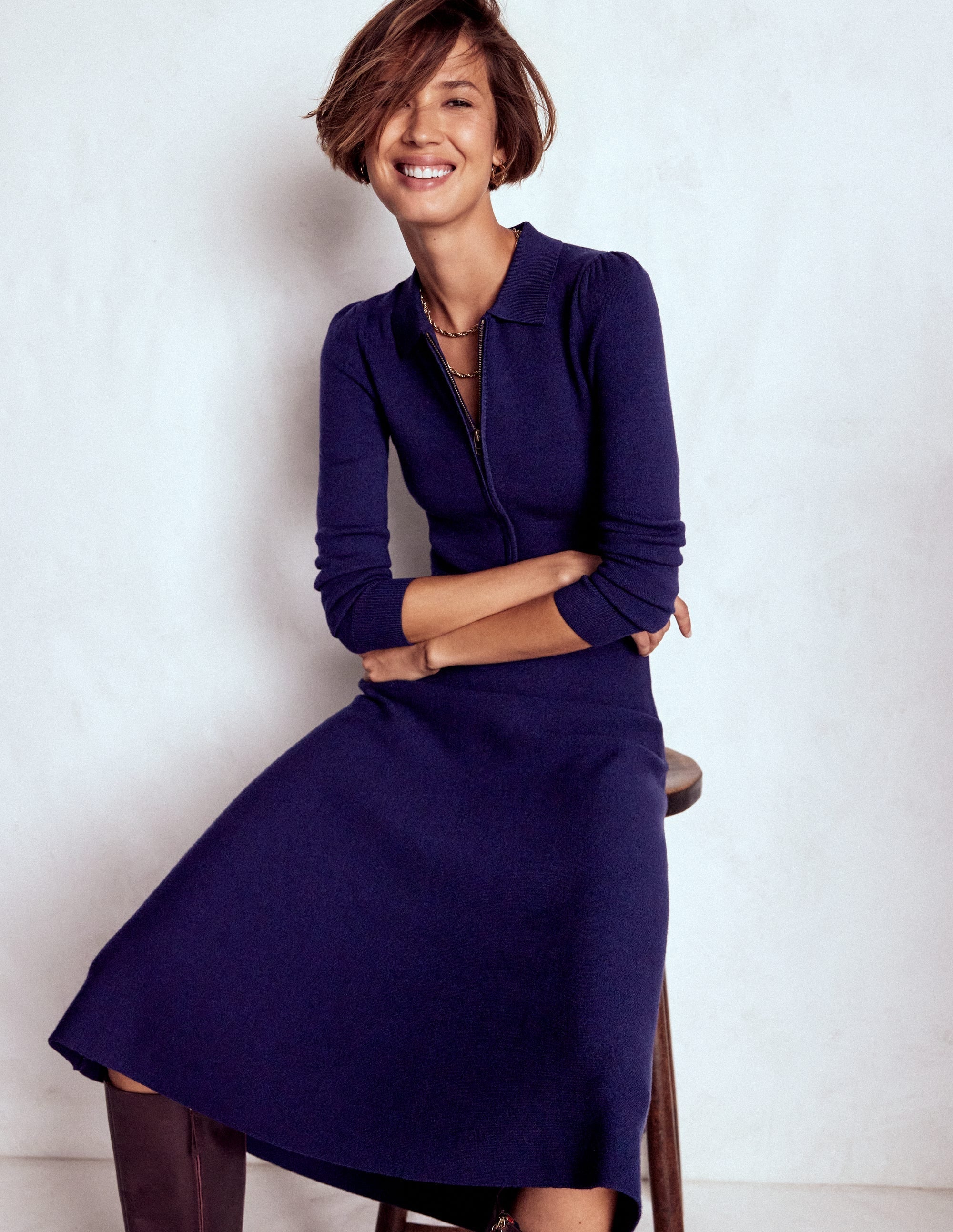 Fiona Zip Front Knitted Dress-Navy