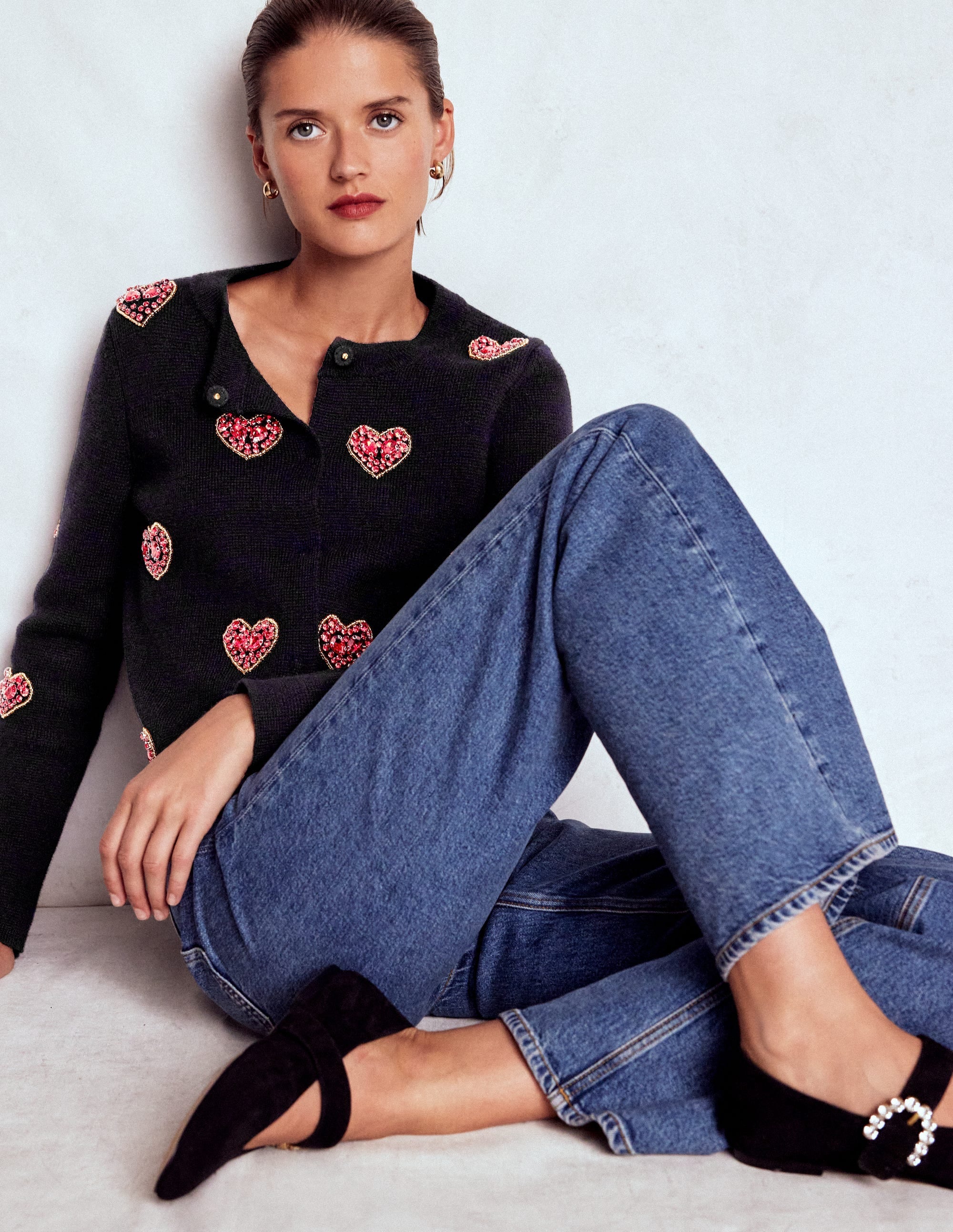 Jewelled Knitted Jacket-Black Hearts