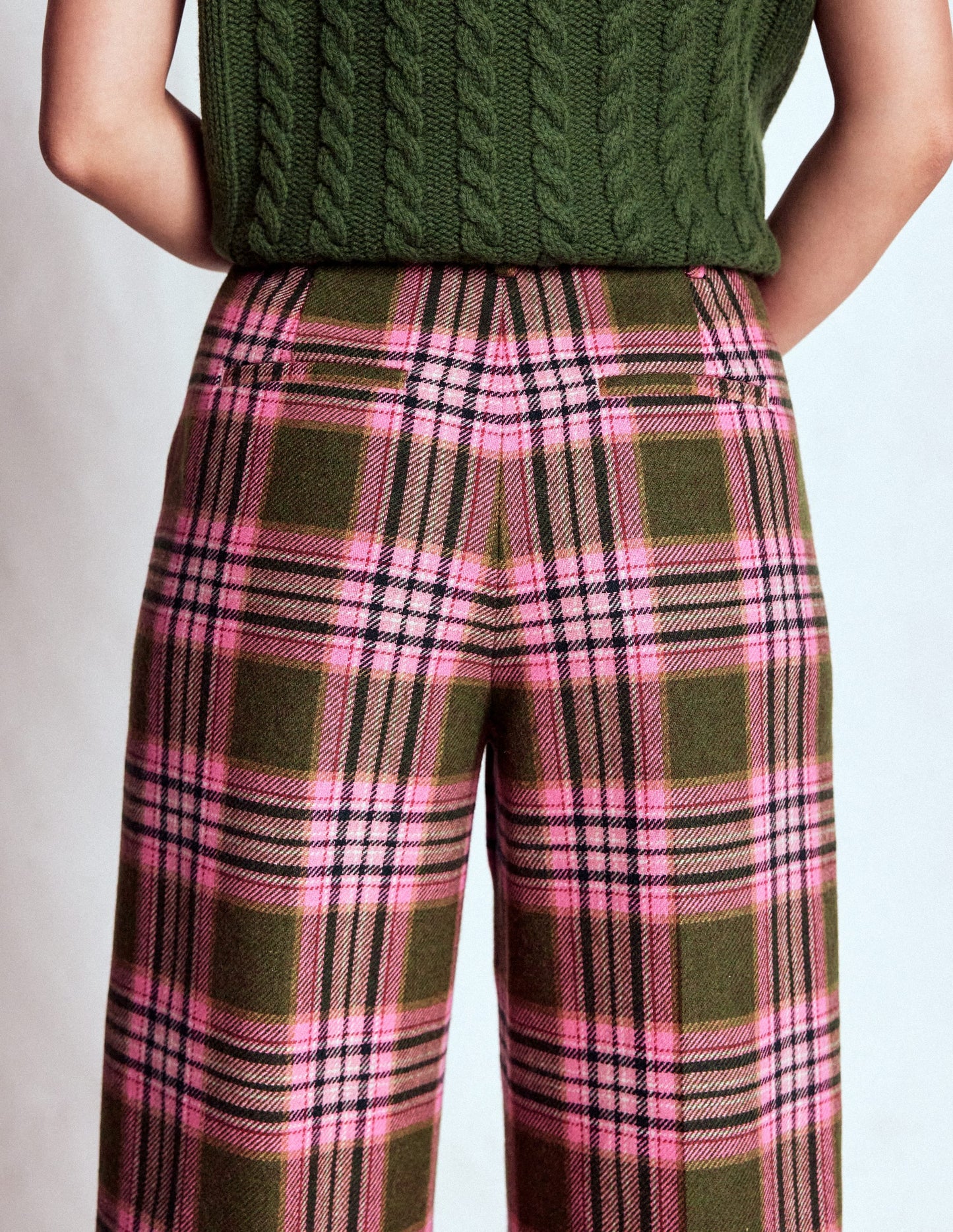 Belgravia Wool Blend Pants-Olive, Green and Pink Check
