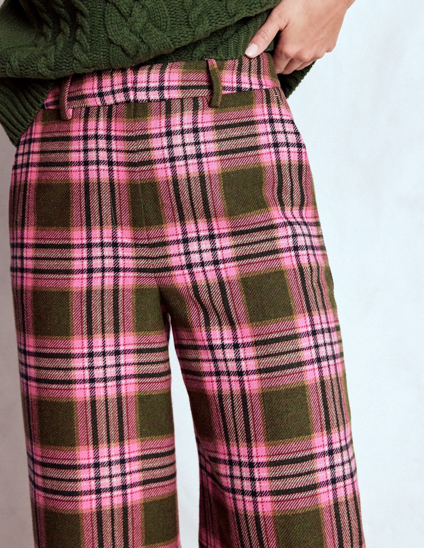 Belgravia Wool Blend Pants-Olive, Green and Pink Check