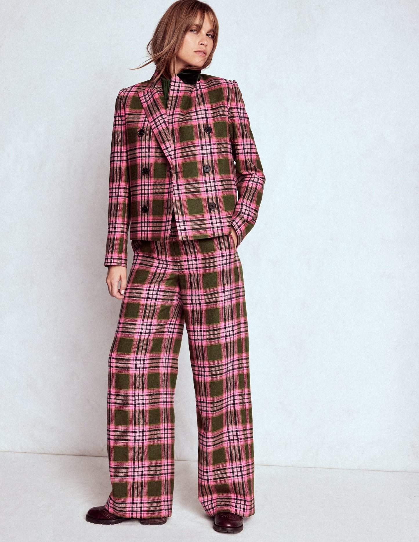 Belgravia Wool Blend Pants-Olive, Green and Pink Check