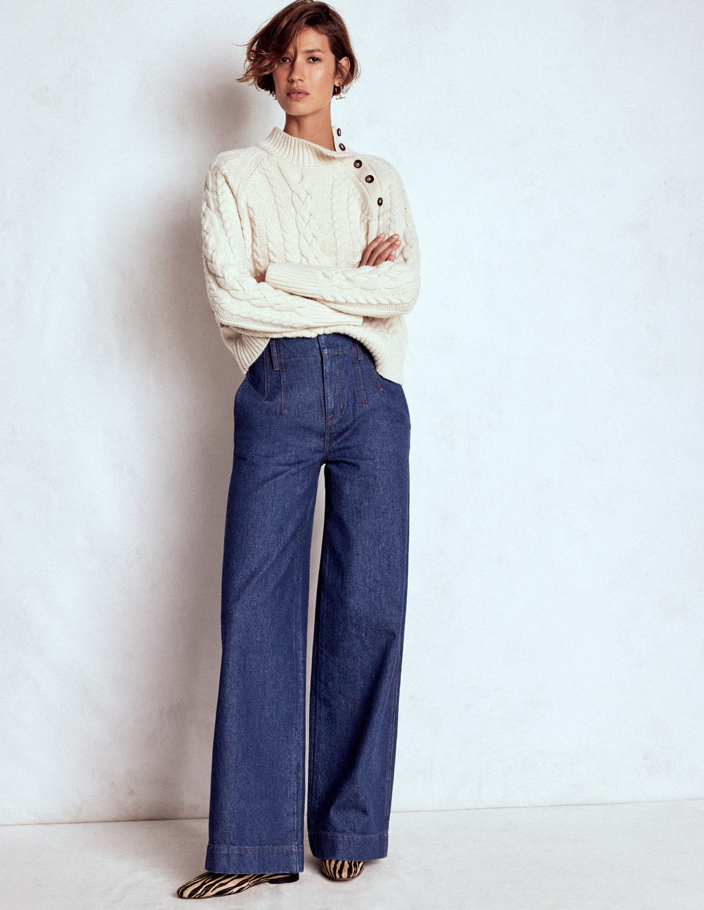 Stitch Detail Wide Leg Jeans-Indigo