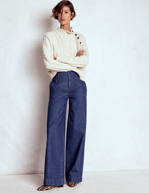 Stitch Detail Wide Leg Jeans-Indigo