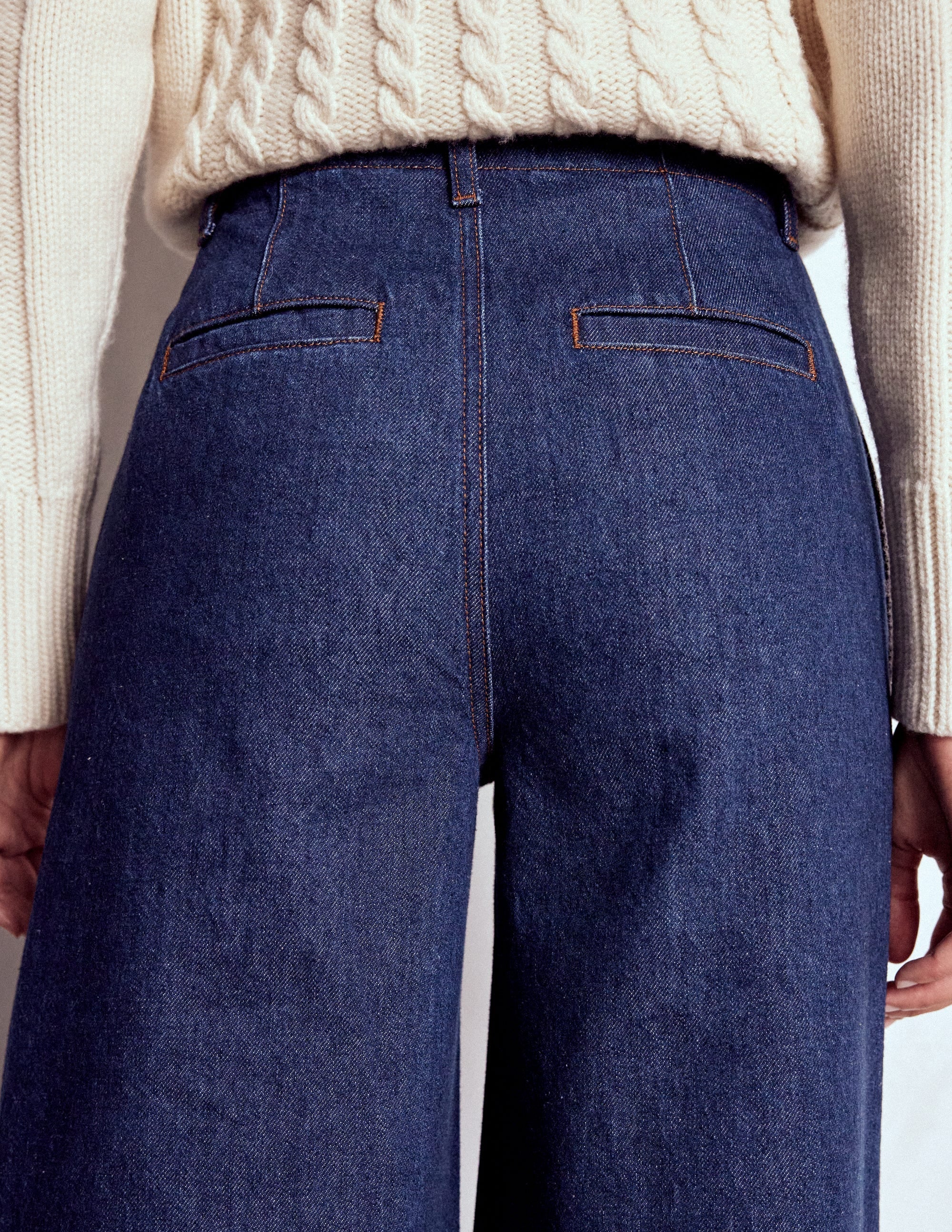 Stitch Detail Wide Leg Jeans-Indigo