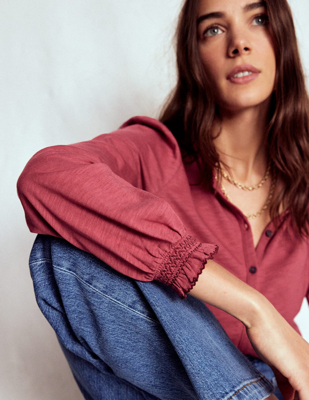 Effie Smocked Detail Shirt-Terracotta Red
