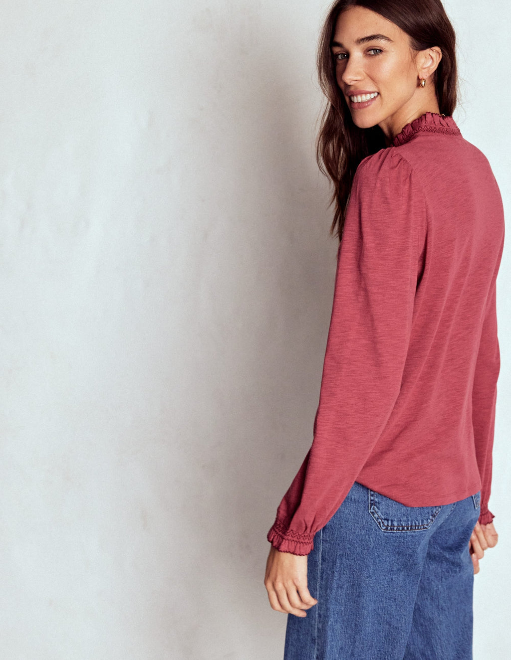 Effie Smocked Detail Shirt-Terracotta Red