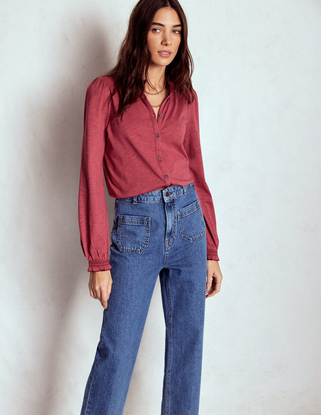 Effie Smocked Detail Shirt-Terracotta Red