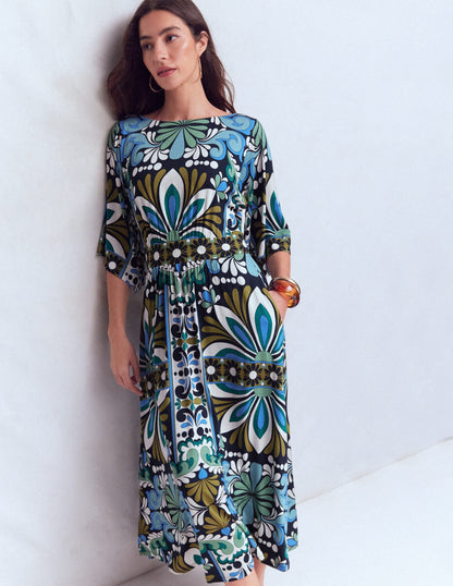 Imelda Kimono Jersey Dress-Navy, Bloom Tapestry