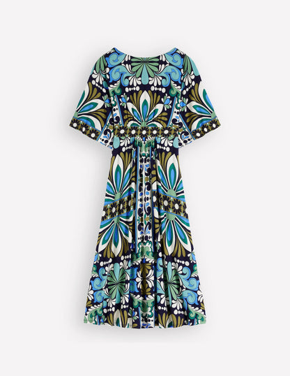 Imelda Kimono Jersey Dress-Navy, Bloom Tapestry