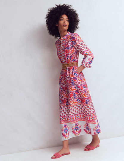 Ava Cotton Midi Dress-Pink Flourishing Meadow Border